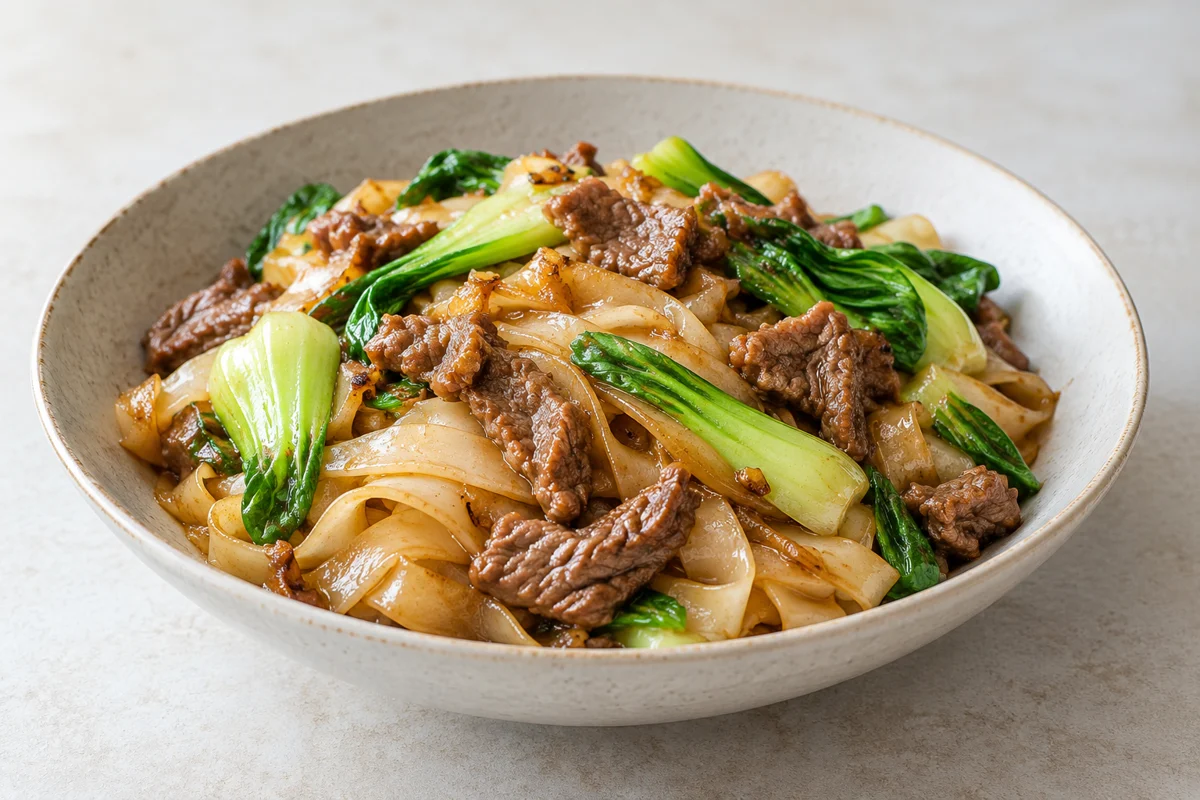 Nouilles phở sautées au bœuf et au pak-choï