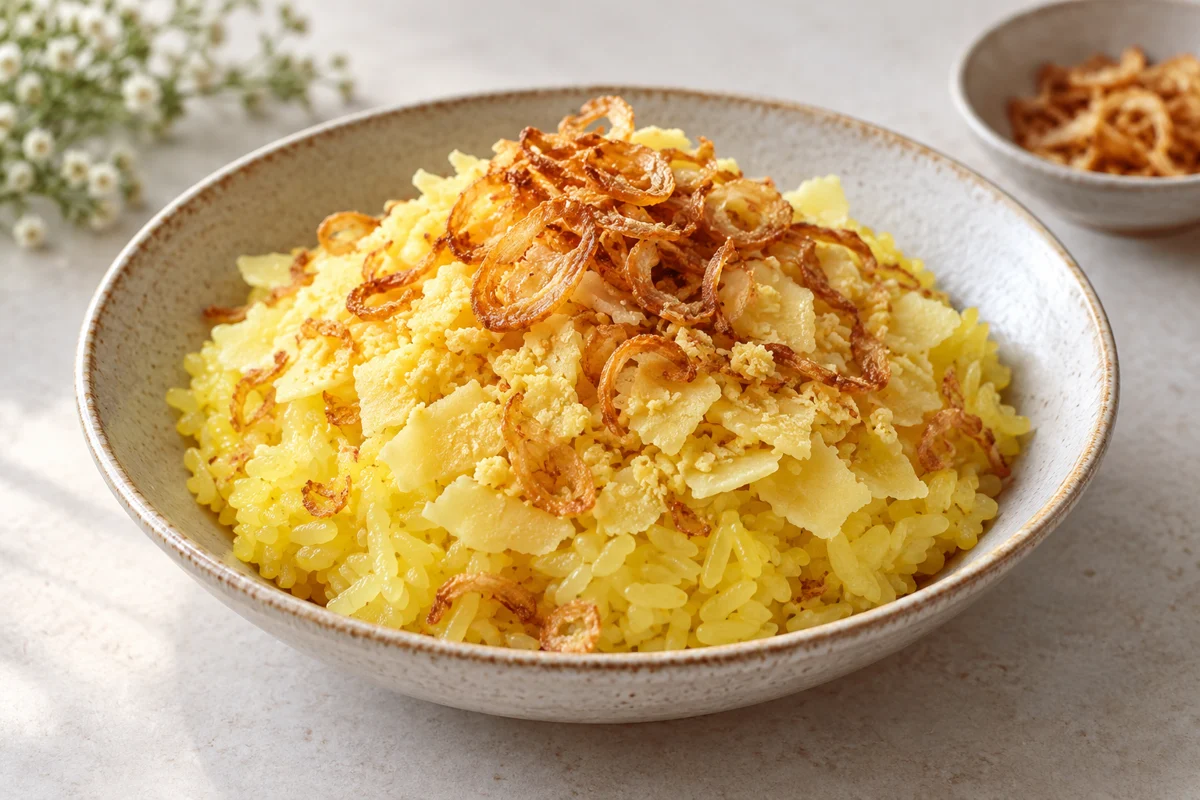 Riz gluant jaune aux haricots mungo