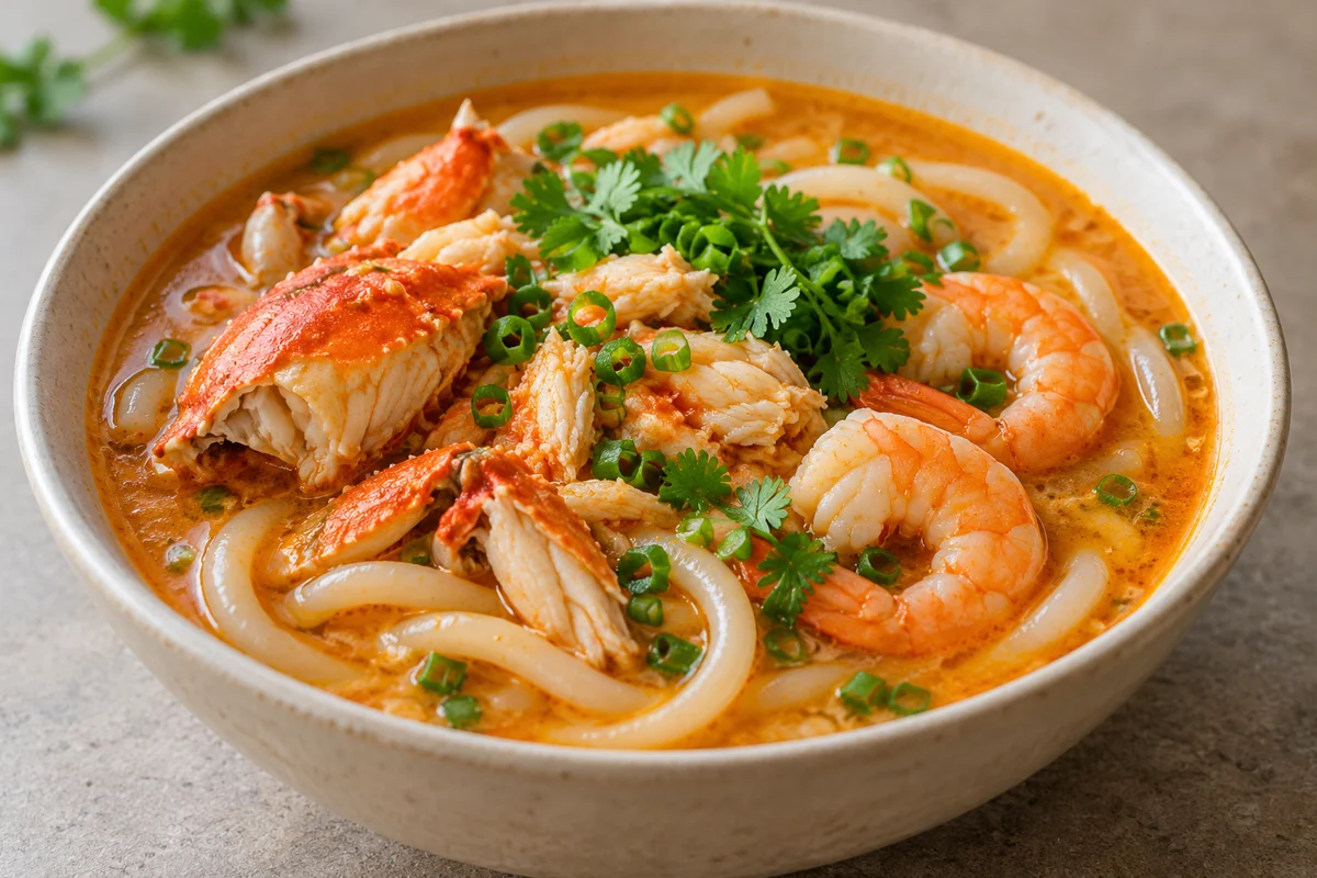 Soupe épaisse de nouilles au crabe et aux crevettes
