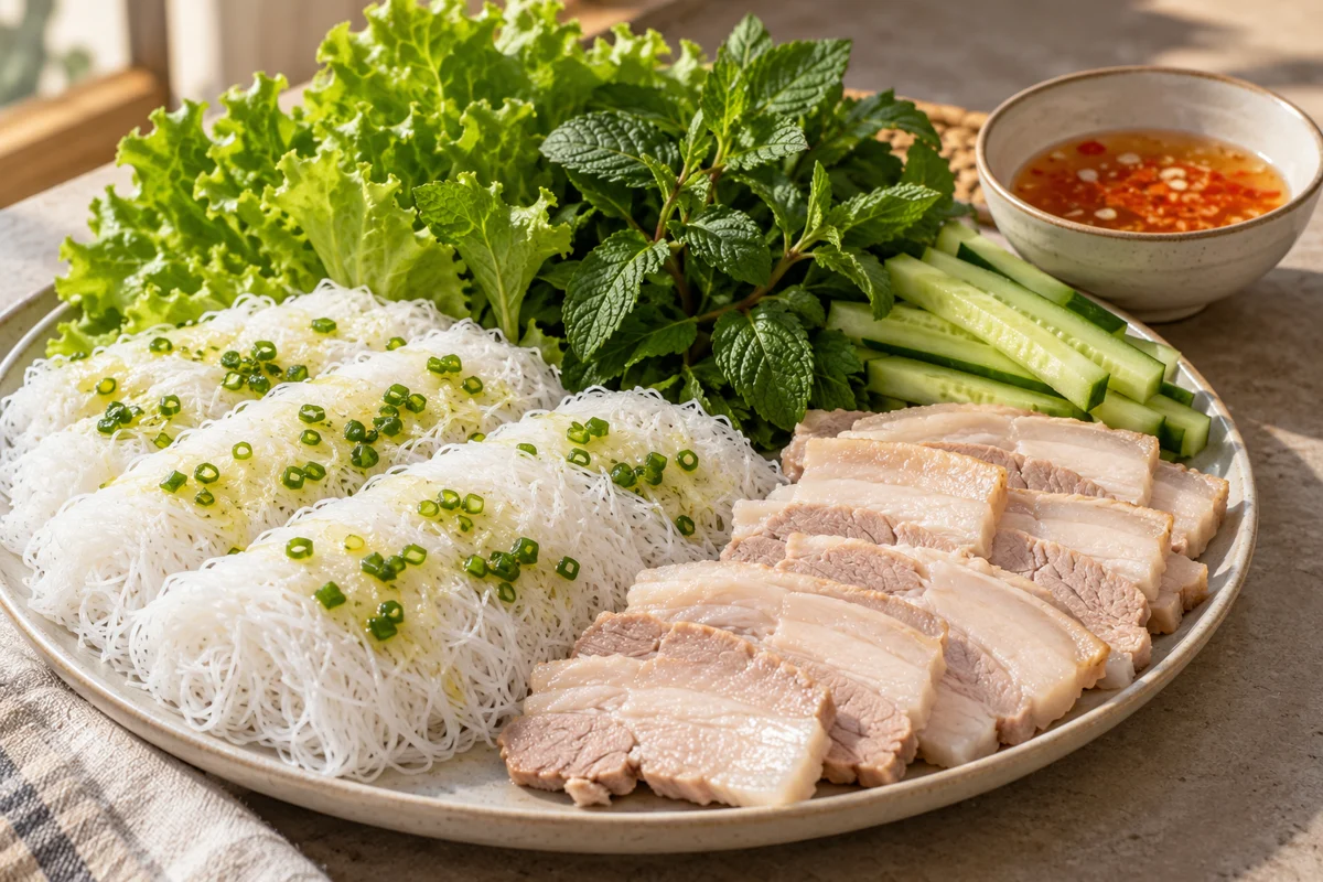 Nattes de vermicelles au porc et à l’huile de cébette