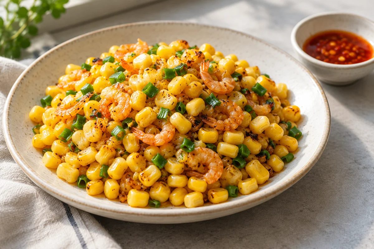 Maïs sauté au beurre, aux crevettes séchées et aux cébettes