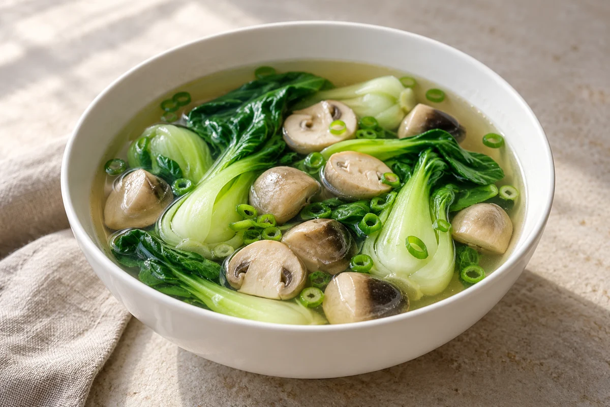 Soupe de pak-choï aux champignons de paille