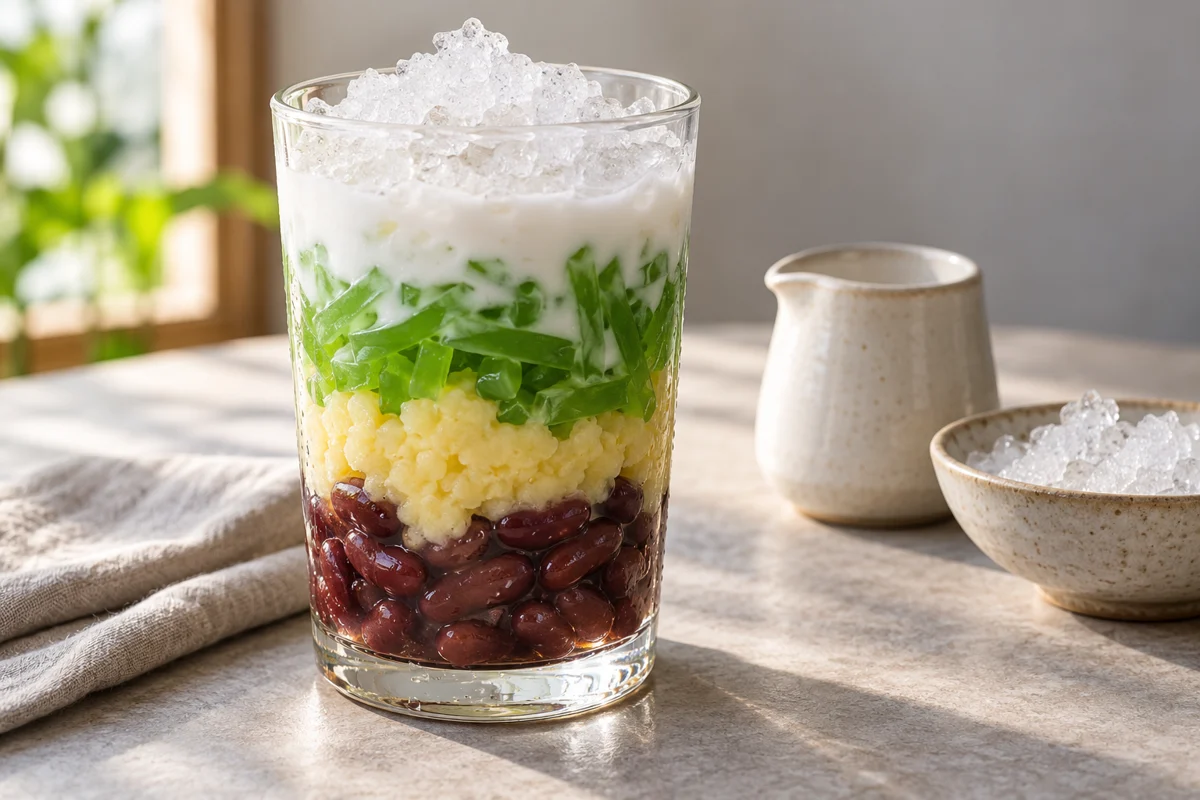 Dessert aux trois couleurs, haricots et gelée de pandan