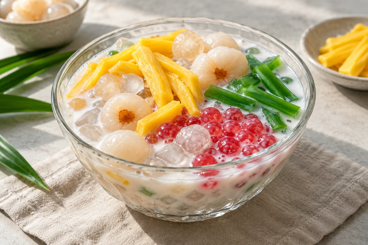 Fruits et perles croquantes dans un lait de coco