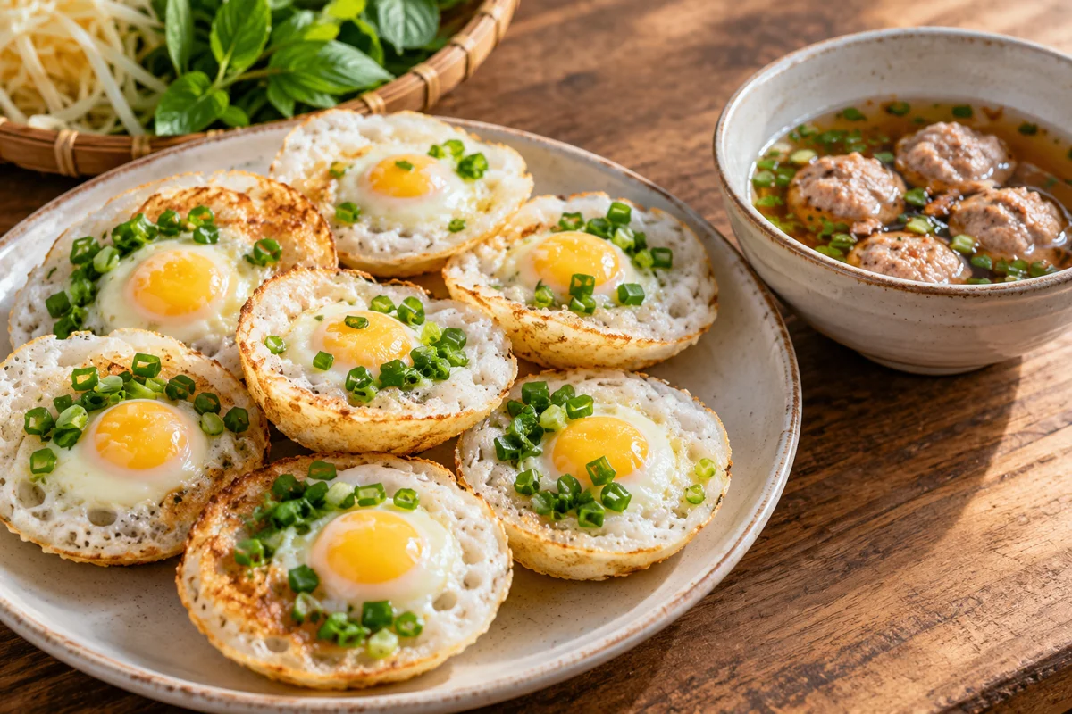 Petites crêpes de riz aux œufs de caille et boulettes