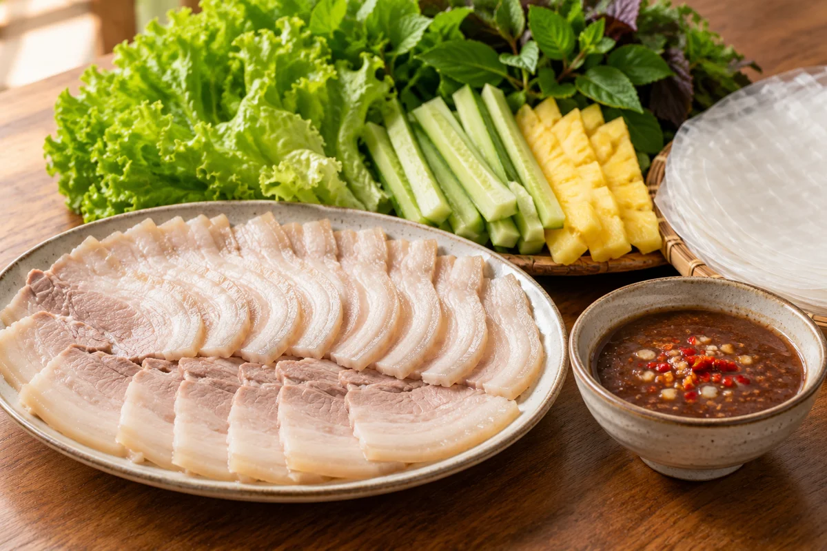 Rouleaux de porc à composer et sauce mắm nêm