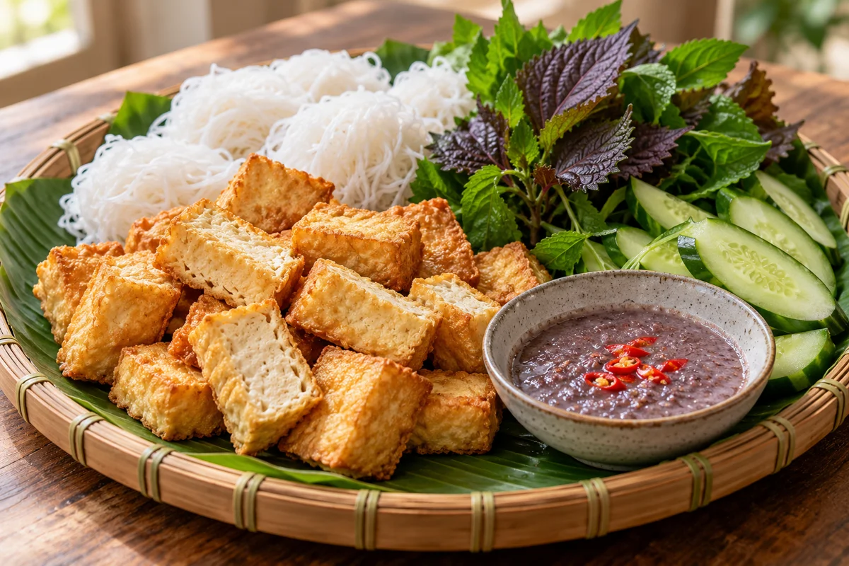 Vermicelles et tofu frit à la pâte de crevettes