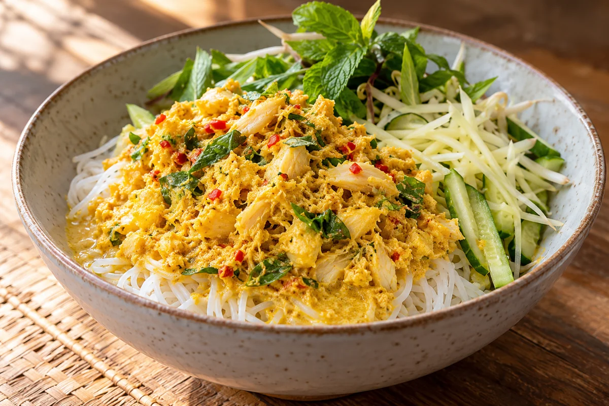 Vermicelles au poisson et au bouillon coco-curcuma