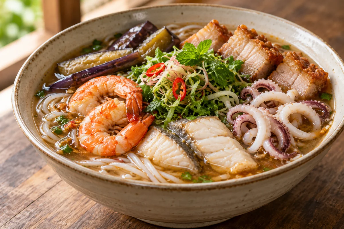 Soupe de vermicelles au poisson fermenté et fruits de mer