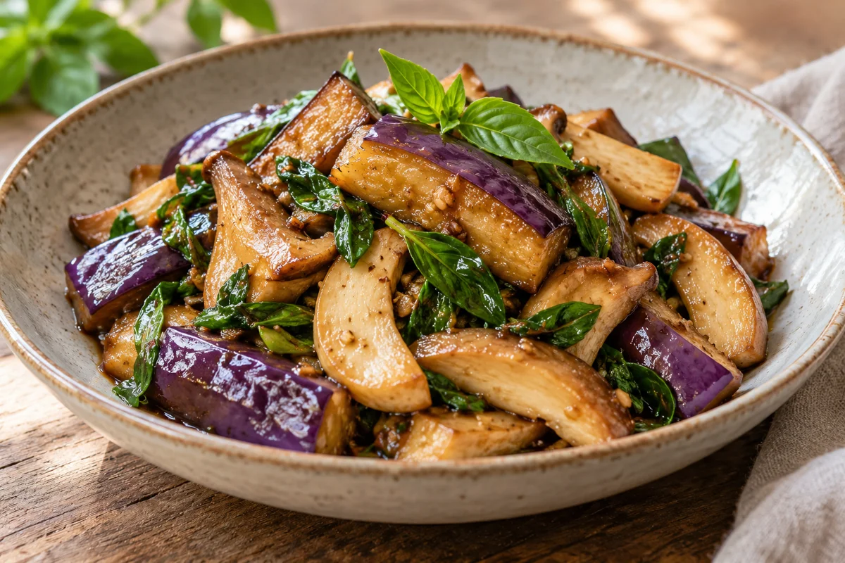 Aubergines et pleurotes sautés au basilic thaï