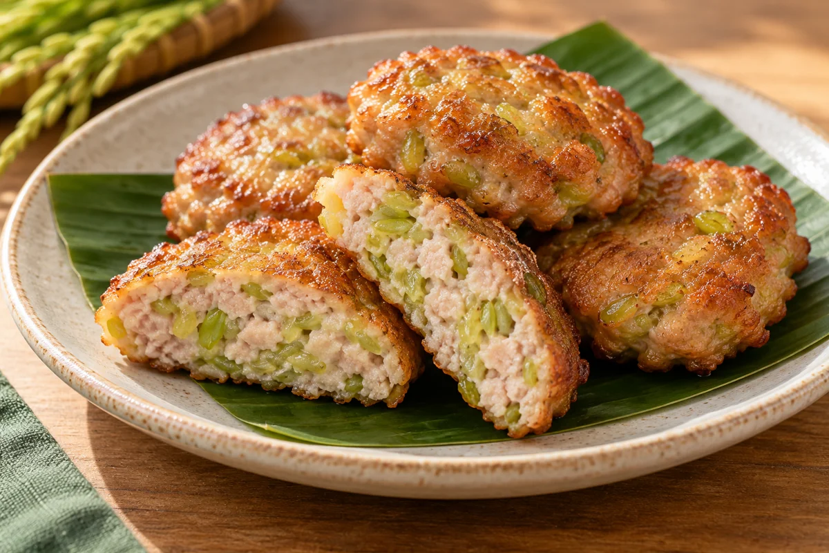 Galettes de porc au jeune riz vert
