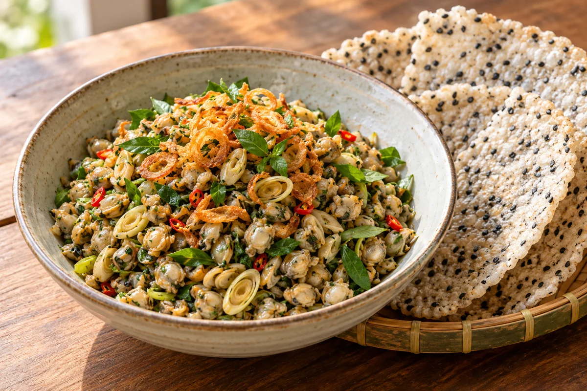 Petites palourdes sautées et galettes de riz croustillantes