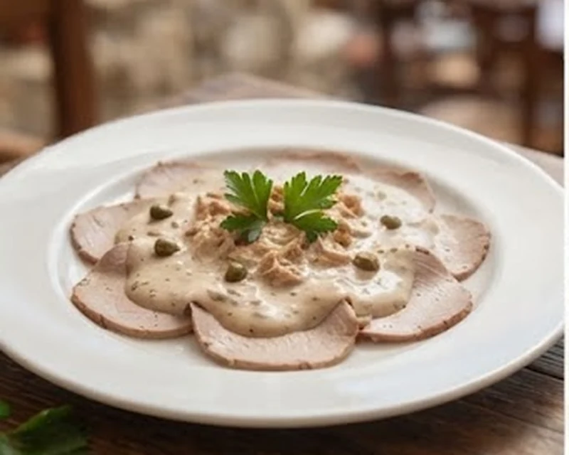 Vitello tonnato, fines tranches de veau nappées de sauce au thon et câpres