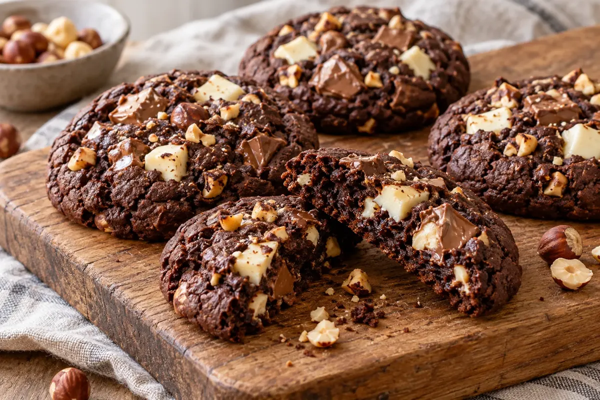 Cookies au cacao, noisettes et deux chocolats