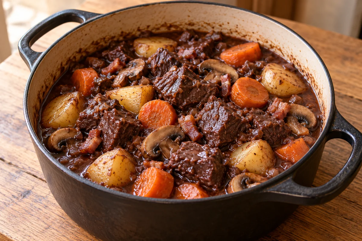 Bœuf bourguignon aux carottes, pommes de terre et champignons
