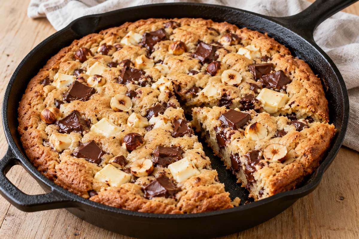 Cookie géant à la poêle, deux chocolats et noisettes
