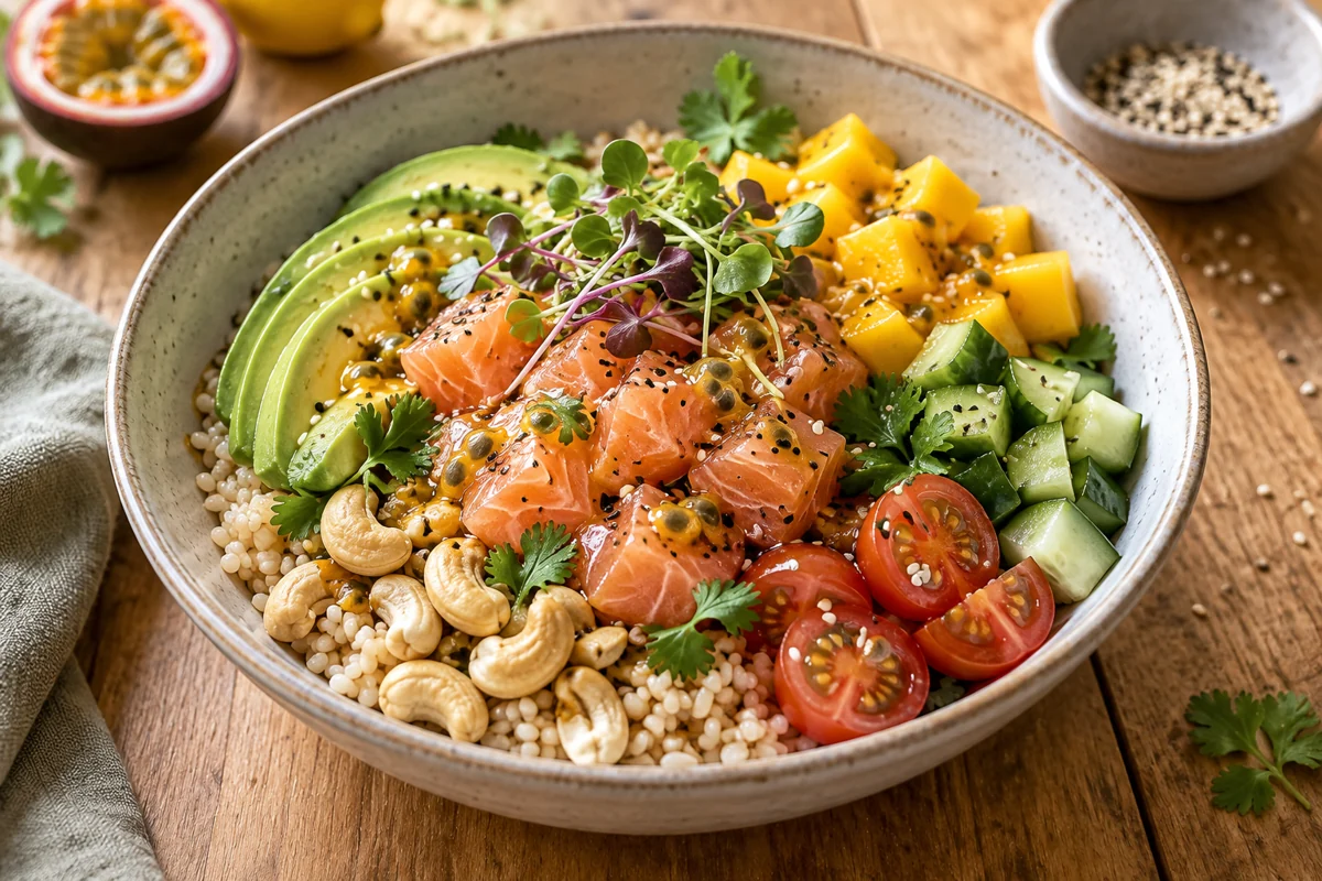 Bol hawaïen au saumon, riz et crudités