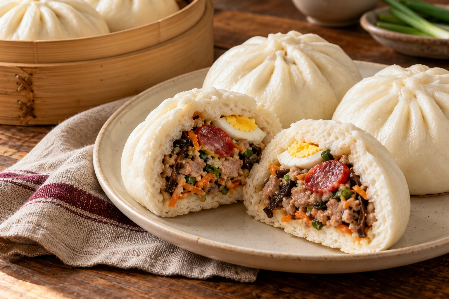 Bánh bao au porc, œuf et saucisse chinoise