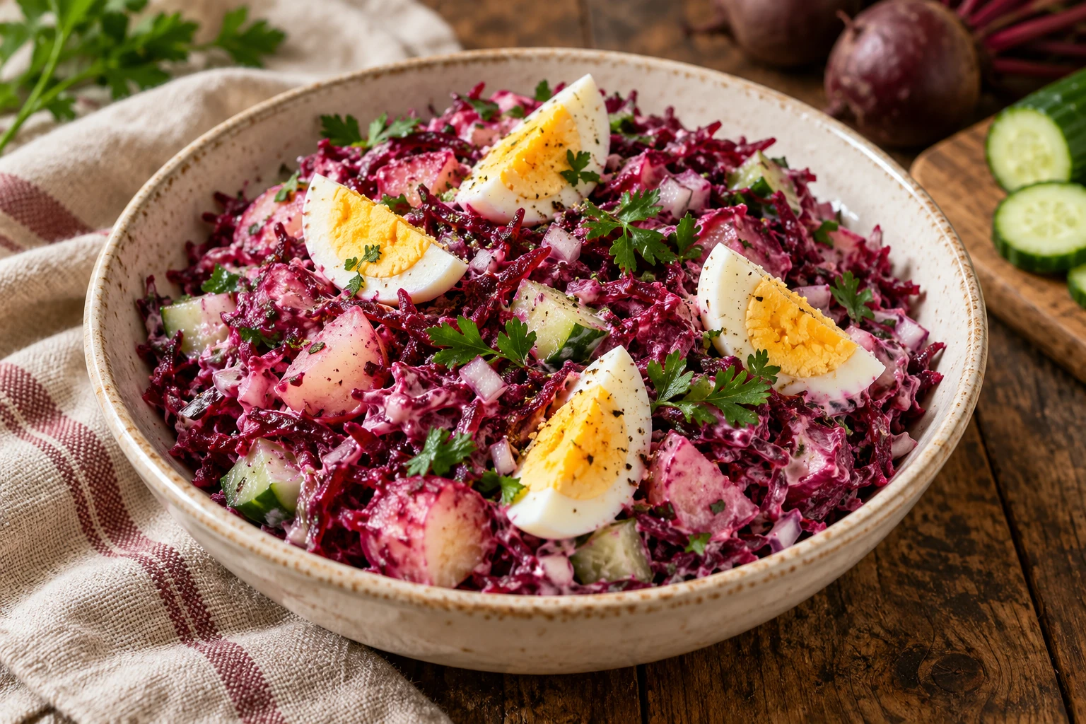 Salade de betteraves, pommes de terre et œufs