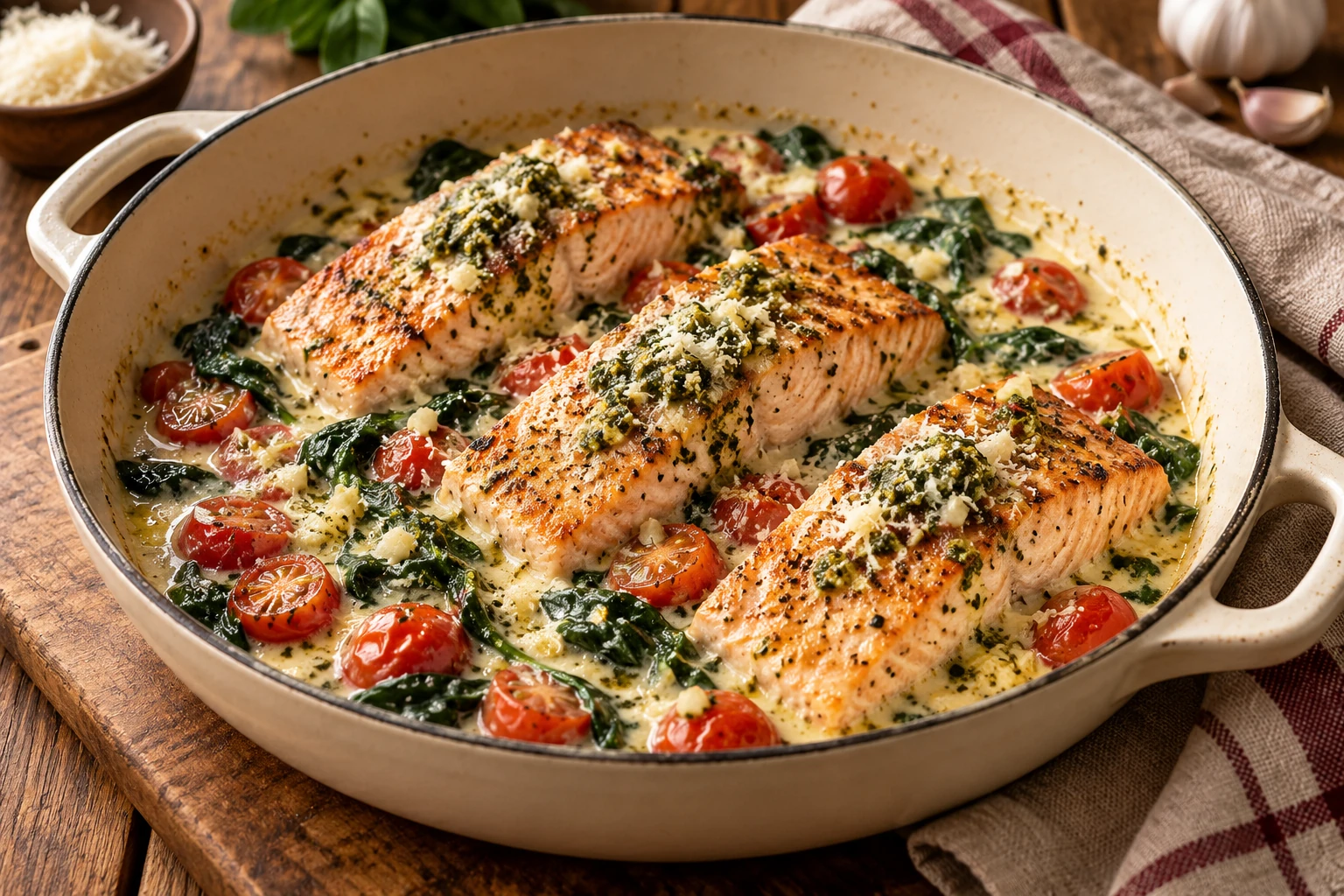 Saumon à la sauce crémeuse, tomates et épinards