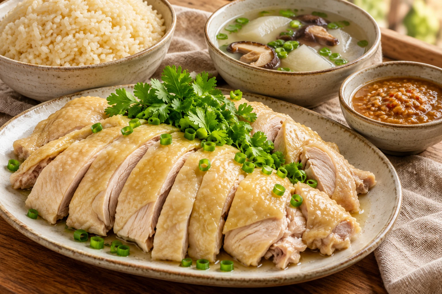 Poulet Hainan, riz au bouillon et soupe