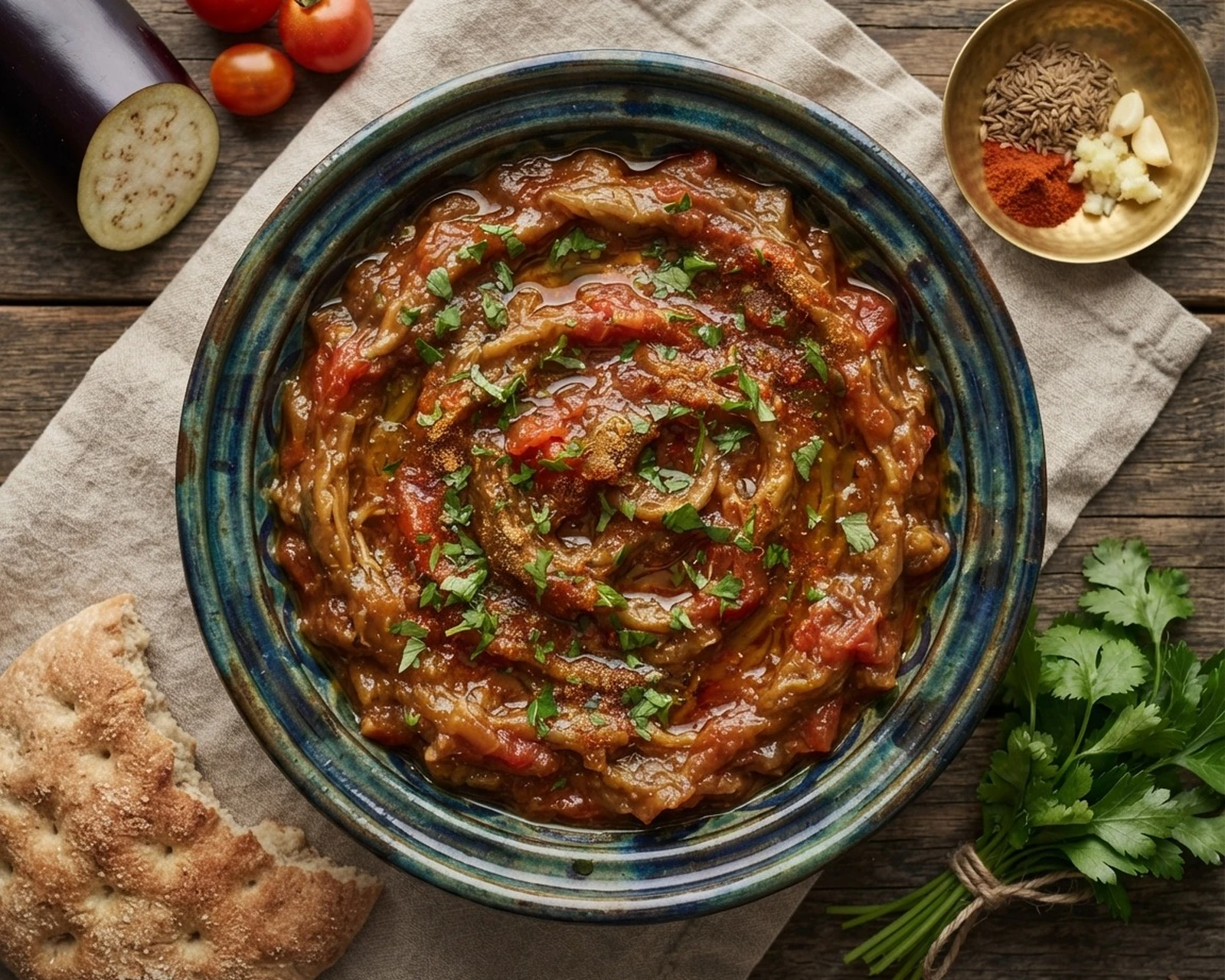 Zaalouk d’aubergines présenté dans son plat de service, avec sa texture et sa garniture visibles